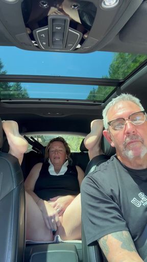 Wife Rubs Out Multiple Orgasms, Road Trip, Back Seat, Teasing Her Man