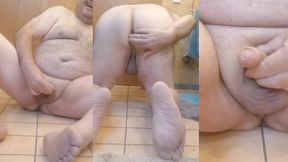 Dildo play and jerking off in the bathroom (various angles)