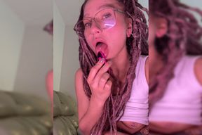 Tattooed girl with glasses masturbates with remote control vibe