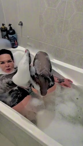 Stepmom Takes a Bath in Stockings and Sexy Lingerie, Wet Big Ass