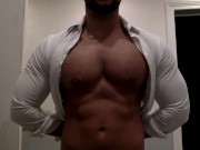 Ripping my white shirt while flexing my big muscle pecs and biceps