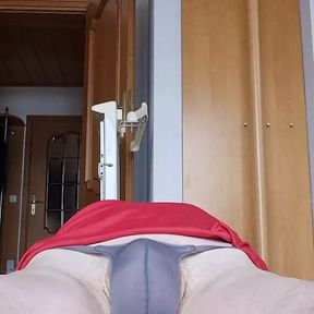 My morning bulge as I stretch my back, in my tiniest piece.