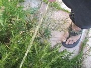 Norwegian Daddy Taking A Long Fat Dick Piss In A Outside Bush In Sandals