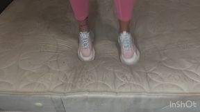 Nastya trample and jump on mattress witch sneakers and high heels + barefoot (sexy yoga pants)