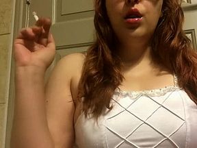 Sexy Chubby Redhead Teen Smoking Red Cork Tip Cigarette in White Nightie