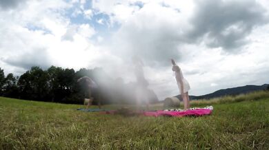 Yoga and Gymnastics Outdoors without Panties in School Uniform Miniskirt with Hot Tight Pussy Girls