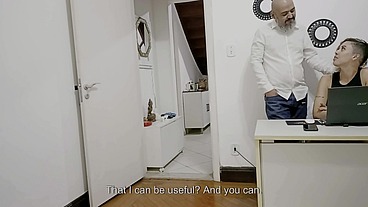 Boss arrives and asks the secretary to suck and fuck him. In the end he cums on her face and breasts and she sucks it all