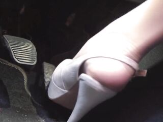 Revving and Insane Pedal Pumping in White Stockings and White High Peeptoed Heeled Sandals