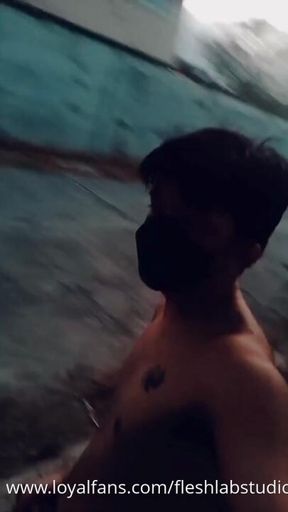 Masked Pinoy Twink Jerks His Thick Hairy Cock on Empty Street Until He Unloads
