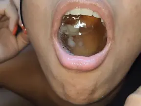 Submissive slut drinks her own piss and swallows cum