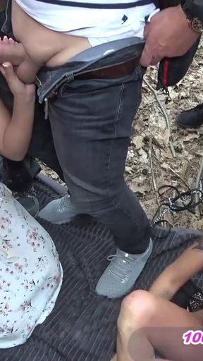 German amateur cum sluts have group sex in the forest   Clip 1