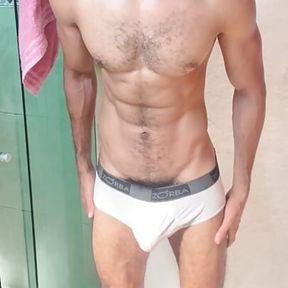 Hairy male with huge dick horny after training 23cm