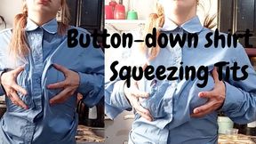 Button-down shirt and boob squeeze