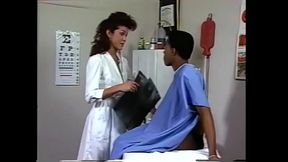 Shemale nurse takes off her robe and rides a patient'_s black cock