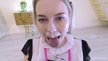 Huge Massive CUM SHOT on teen's face DROOL sloppy Blonde 18+