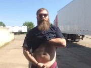 Horny hairy trucker beats meat outside truck