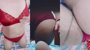 indian trans woman gaurisissy in red honeymoon bra panty looking so hot and sexy