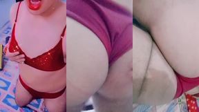 indian trans woman gaurisissy in red honeymoon bra panty looking so hot and sexy