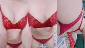 indian gay crossdresser gaurisissy in red honeymoon bra panty looking so hot and sexy