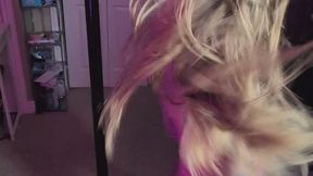 Slut on the pole with pink panties and white shirt