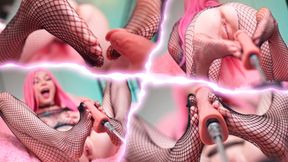 Goddess in fishnets doing a footjob with fuckmachine