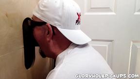 ”Heavy dude shows his cock sucking technique in glory hole room”