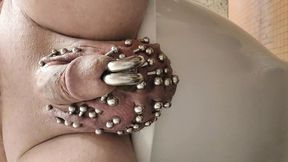 Showing of my 2x 00 gauge prince albert piercings ,heavily pierced scrotum estim play until I cum