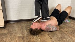 Slave’s arms and body trample in muddy sneakers and soles licking