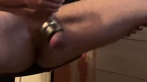 Big cock jerked off with ball weights & cum shot