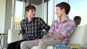 Barebacked twink jerks it off until he is ready to cum