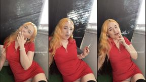 Tight red dress with my panties showing, blowing big clouds, dangling, visible smoke, marlboro reds - Smokingrapunzel - Smoking fetish