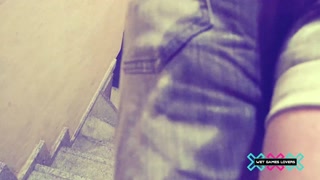 Pissing in shorts on the stairs and having wet panties