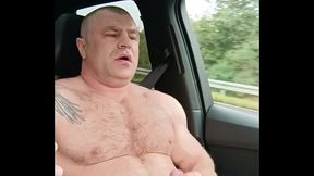 Tattooed Muscle Daddy Dante Strips and Jerks a Huge Load While Driving
