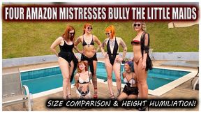 Brazilian amazons Mel Fire, Nara Neveu, Fennix Queen and Ary make fun of tiny maids Cute Devil and Little Sally - Height humiliation - Size comparison - Lift and carry