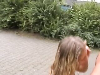 Two magnificent German girls fucking with a hard cock in public