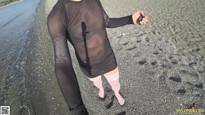 Stocking and Sheer Dress on the Beach 4K