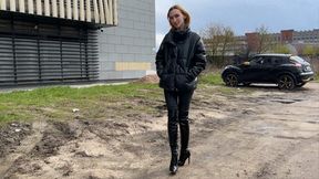 girl in high-heeled boots likes to destroy with her heels everything that gets in her way