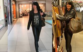 Leather slut fucks in the middle of the department store. Extreme cum eating
