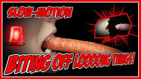 BITING OFF LONG THINGS | SLOW-MOTION | FOOD FETISH | Will the Cock survive?