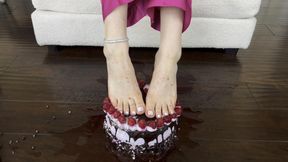 red wine infused chocolate raspberry cake squished under white toes