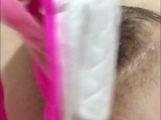 Very hairy wet pussy! Pussy fucking with a pad. Dirty talk, pussy leaking during ovulation