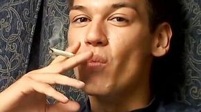 Deviant young smoker solo strokes until unleashing sperm