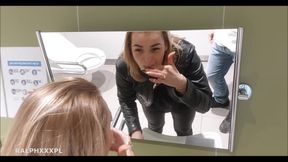 Cheating Wife Blowjob Random Guy in a Public Restrum and Swallows His Cum