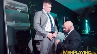 Mark Vallant gives suited blowjob before bareback anal with Bruce Beckham