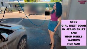 SEXY GIRL NEXT DOOR IN JEANS SKIRT AND HIGH HEELS WASHES HER CAR