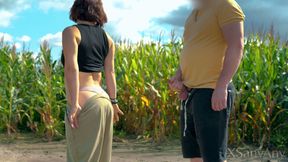 Outdoor Stranger Encounter: Petite MILF Cornfield Standing Sex &amp; Cum on Ass