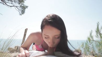 Babe takes a public blowjob then gets face fucked on the beach