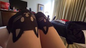 Pantyhose kitten foot play on his piggy dick