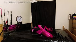 Self-bondage with armbinder as sissy maid