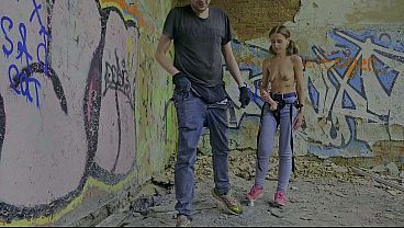 Outdoor domina gives dangerous anal pegging in abandoned building